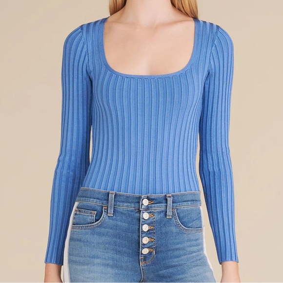 Veronica Beard Clara Blue Square Neck Ribbed Knit Long Sleeve Top - Picture 5 of 6